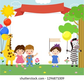 Color frame with group of kids and giraffe,background.
