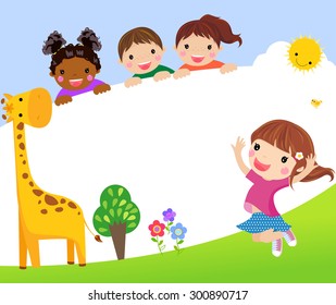 Color frame with group of kids and giraffe,background.