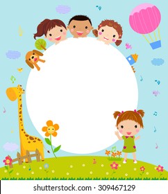 Color frame with group of kids and giraffe,background.