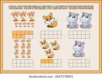 color the frame to match the animal.giraffe, fox, hippo