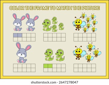 color the frame to match the animal.rabbit, alligator, bee