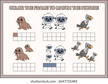 color the frame to match with the picture. walrus, yeti,vulture 