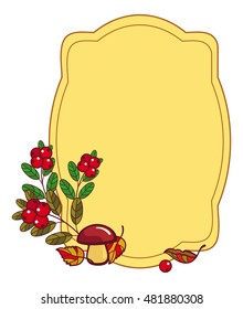 Color frame with mushrooms and cranberries. Autumn forest background.Vector clip art.