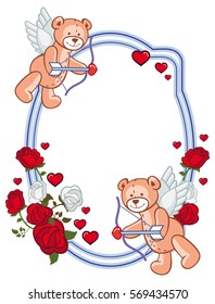 Color frame with roses and teddy bear with bow and wings, looks like a Cupid. Copy space. Vector clip art.