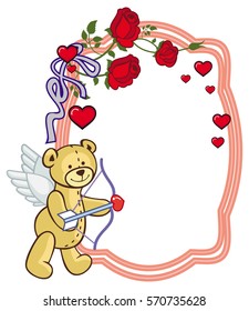 Color frame with roses and teddy bear with bow and wings, looks like a Cupid. Copy space. Vector clip art.