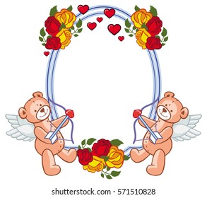 Color frame with roses and teddy bear with bow and wings, looks like a Cupid. Copy space. Vector clip art.