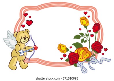 Color frame with roses and teddy bear with bow and wings, looks like a Cupid. Copy space. Vector clip art.