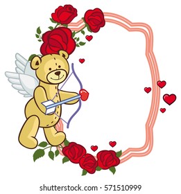 Color frame with roses and teddy bear with bow and wings, looks like a Cupid. Copy space. Vector clip art.