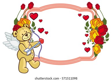 Color frame with roses and teddy bear with bow and wings, looks like a Cupid. Copy space. Vector clip art.