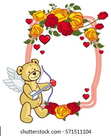 Color frame with roses and teddy bear with bow and wings, looks like a Cupid. Copy space. Vector clip art.