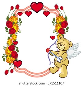Color frame with roses and teddy bear with bow and wings, looks like a Cupid. Copy space. Vector clip art.