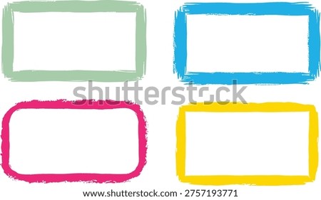 Color Frame Set with Brush Border Shape Creative Design. Rectangle, square box frames with colorful brush strokes set. Hand drawn crayon brush strokes square and rectangle doodle frame shapes. Crayon kid colored frame set. Set of color doodle boxes with border. Hand drawn illustration.