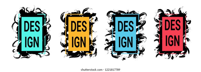 Color frames with black brush strokes  for text, trendy art graphics. Vector set. For websites,placards, brochures, posters, covers, flyers,banners