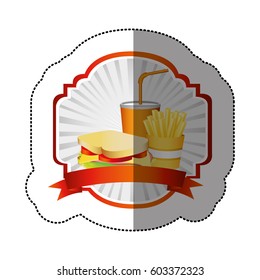 color french fries, sandwich and soda inside emblem ribbon, vector illustration