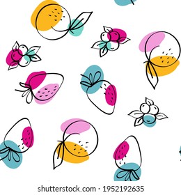 Color Fruit Vector White Seamless Pattern. Cartoon Lemon and Strawberry Texture. Blue and Red Citrus and Blueberry Summer Wallpaper.
