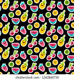 Color fruits emoji seamless vector pattern. Doodle cherry, kiwi, orange stickers on black background