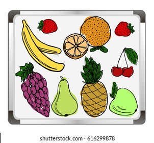 Color fruits set on flip chart background. Free hand drawn. Vector illustration.