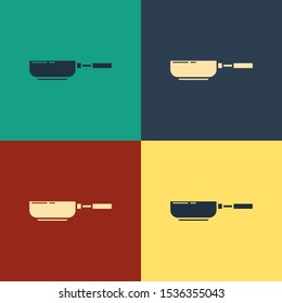 Color Frying pan icon isolated on color background. Fry or roast food symbol. Vintage style drawing. Vector Illustration