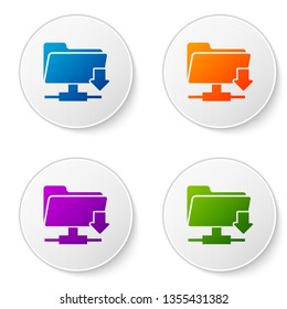 Color FTP folder download icon on white background. Concept of software update, transfer protocol, router, teamwork tool management, copy process. Set color icon in circle buttons. Vector Illustration