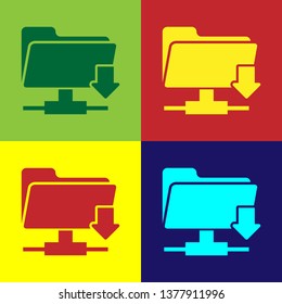 Color FTP folder download icon on color backgrounds. Concept of software update, transfer protocol, router, teamwork tool management, copy process. Flat design. Vector Illustration