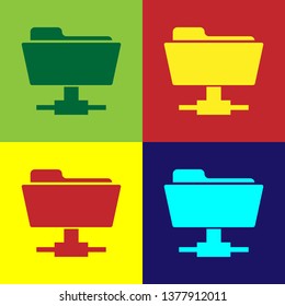 Color FTP folder icon on color backgrounds. Concept of software update, ftp transfer protocol, router, teamwork tool management, copy process, info. Flat design. Vector Illustration