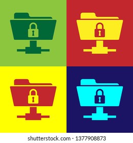 Color FTP folder and lock icon isolated on color backgrounds. Concept of software update, ftp transfer protocol. Security, safety, protection concept. Vector Illustration