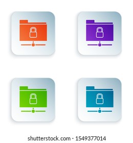 Color FTP folder and lock icon isolated on white background. Concept of software update. Security, safety, protection concept. Set icons in colorful square buttons. Vector Illustration