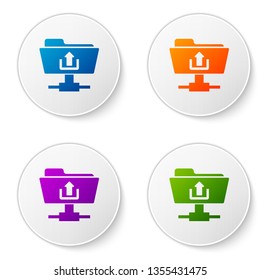 Color FTP folder upload icon on white background. Concept of software update, transfer protocol, router, teamwork tool management, copy process. Set color icon in circle buttons. Vector Illustration