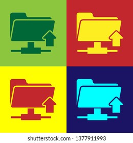 Color FTP folder upload icon on color backgrounds. Concept of software update, transfer protocol, router, teamwork tool management, copy process. Flat design. Vector Illustration