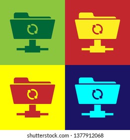 Color FTP sync refresh icon on color backgrounds. Concept of software update, transfer protocol, router, teamwork tool management, copy process. Flat design. Vector Illustration