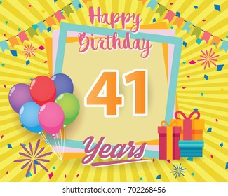 color full 41 st birthday celebration greeting card design vector, birthday party poster background with balloon, gift box and confetti. forty one anniversary celebrations