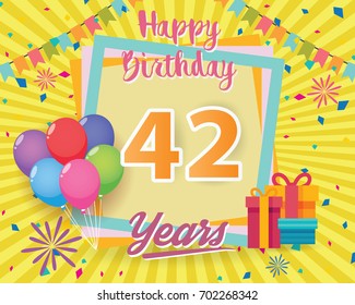 color full 42 nd birthday celebration greeting card design vector, birthday party poster background with balloon, gift box and confetti. forty two anniversary celebrations