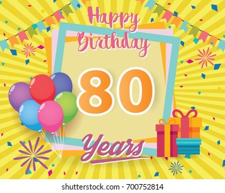 color full 80 th birthday celebration greeting card design vector, birthday party poster background with balloon, gift box and confetti. eighty anniversary celebrations