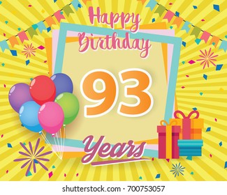 color full 93 rd birthday celebration greeting card design vector, birthday party poster background with balloon, gift box and confetti. ninety three anniversary celebrations