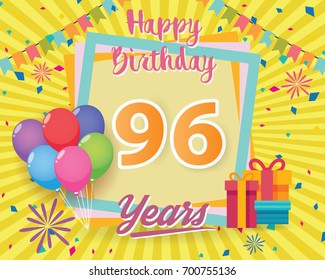 color full 96 th birthday celebration greeting card design vector, birthday party poster background with balloon, gift box and confetti. ninety six anniversary celebrations