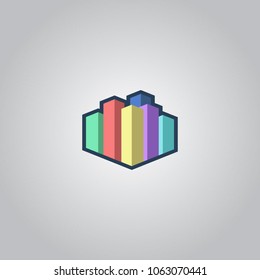 color full building, city and construction isometric logo with outline. can use for city and real estate logo. can use for business object design.