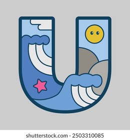 Color full creative vector initial capital letter u alphabet with ocean wave concept logo illustration