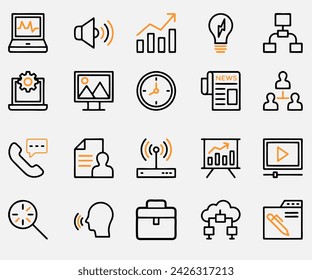 color full icon collection, line icon. lap, office ,ides, table, contact, search icon set