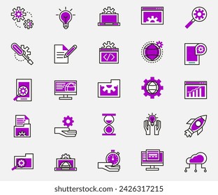 color full icon collection, line icon. lap, office ,ides, table, contact, search icon set