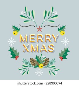 Color Full Merry Christmas Vector Set with elements and illustrations on light blue background