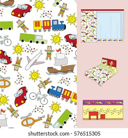 Color full pattern for boys on white background with the proposal to use. Pattern can be used for fabric, wallpaper or wrapping paper.