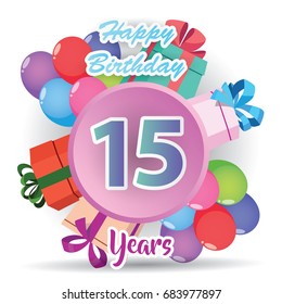 color full pink 15 th birthday celebration greeting card design, birthday party poster background with balloon, ribbon and gift box full color. fiveteen anniversary celebrations