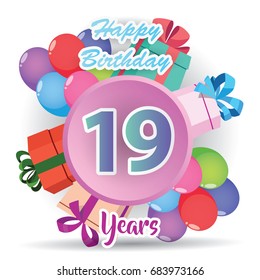 color full pink 19 th birthday celebration greeting card design, birthday party poster background with balloon, ribbon and gift box full color. nineteen anniversary celebrations