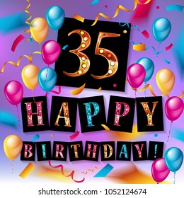 color full pink 35 th birthday celebration greeting card design, birthday party poster background with balloon, ribbon and gift box full color. thirty five anniversary celebrations