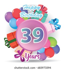 color full pink 39 th birthday celebration greeting card design, birthday party poster background with balloon, ribbon and gift box full color. thirty nine anniversary celebrations