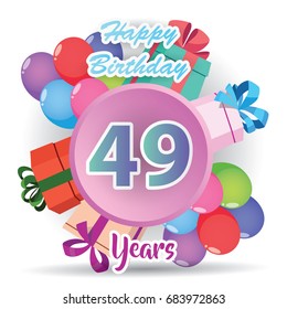 color full pink 49 th birthday celebration greeting card design, birthday party poster background with balloon, ribbon and gift box full color. forty nine anniversary celebrations
