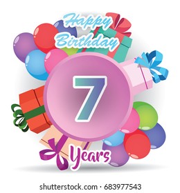 color full pink 7 th birthday celebration greeting card design, birthday party poster background with balloon, ribbon and gift box full color. seven anniversary celebrations