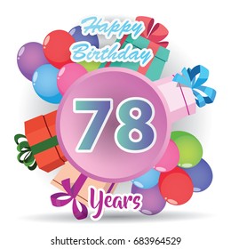 color full pink 78 th birthday celebration greeting card design, birthday party poster background with balloon, ribbon and gift box full color. seventy eight anniversary celebrations