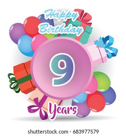 color full pink 9 th birthday celebration greeting card design, birthday party poster background with balloon, ribbon and gift box full color. nine anniversary celebrations
