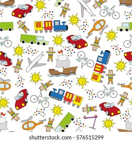 Color full seamless pattern for boys on white background. Pattern can be used for fabric, printing on baby bedding, wallpaper, backpacks